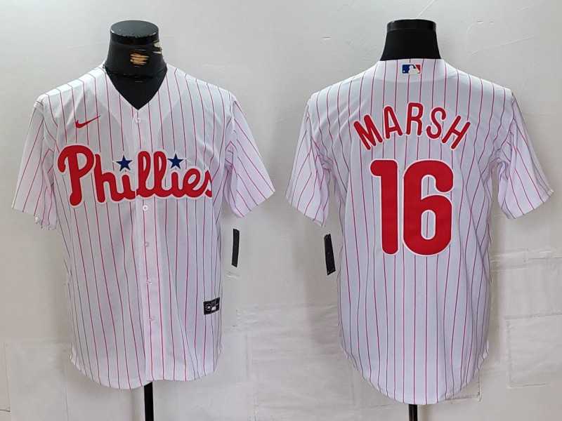 Mens Philadelphia Phillies #16 Brandon Marsh White Pinstripe Stitched Cool Base Jersey